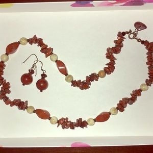 Brick red stone beaded necklace and earrings